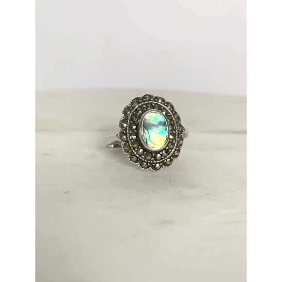 Vintage Sterling Silver Marcasite Ring with Abalone Center Size 8 Marked 925 - Picture 1 of 13